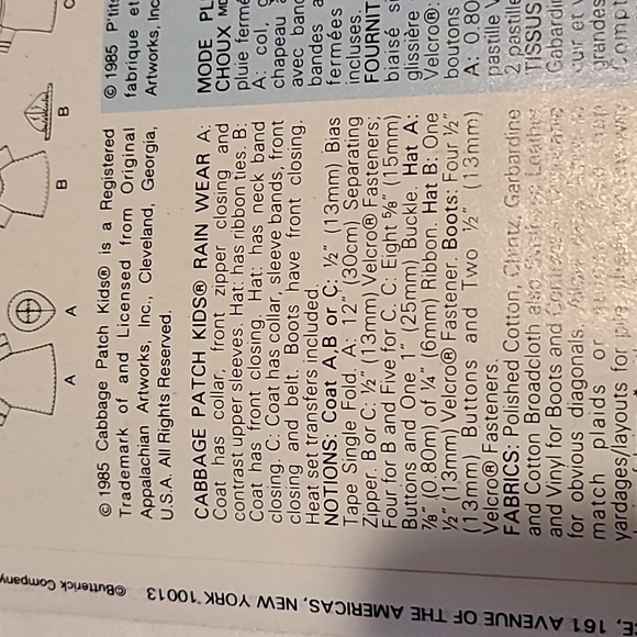 Cabbage Patch Kids Butterick Sewing Pattern 3152 Rain Wear Uncut - Picture 6 of 8